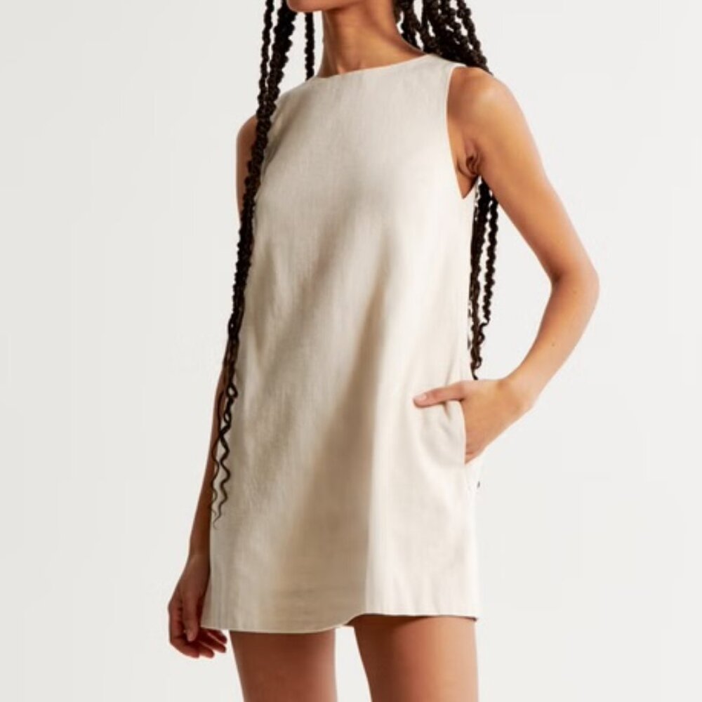 NWT - Abercrombie High-Neck Linen-Blend Mini Dress | Medium Tall | Cream